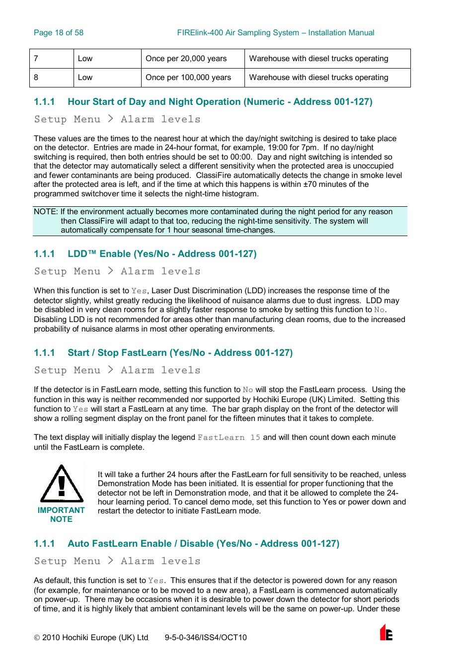 Setup menu > alarm levels | Hochiki FIRElink-400CM User Manual | Page 18 / 58