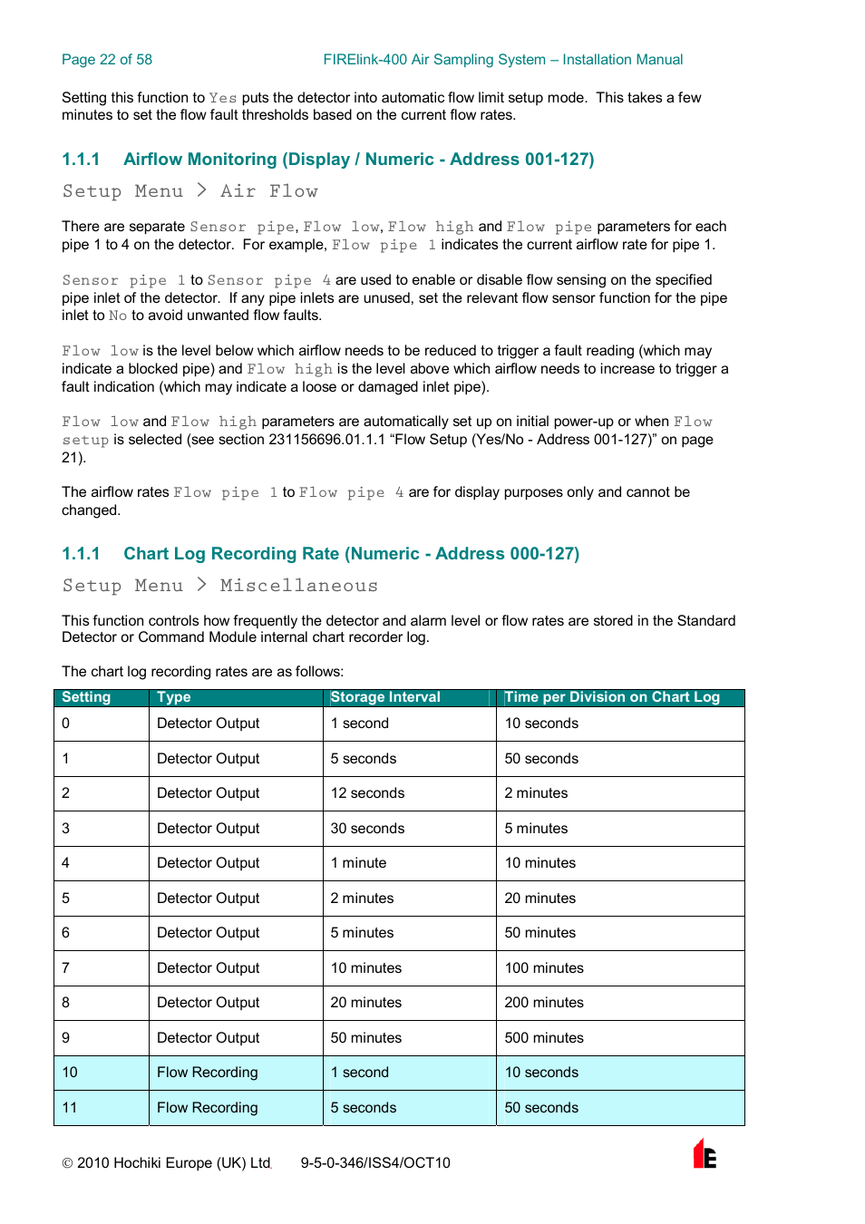 Setup menu > air flow, Setup menu > miscellaneous | Hochiki FIRElink-400CM User Manual | Page 22 / 58