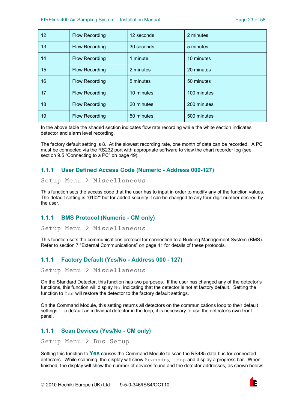 Setup menu > miscellaneous, Setup menu > bus setup | Hochiki FIRElink-400CM User Manual | Page 23 / 58