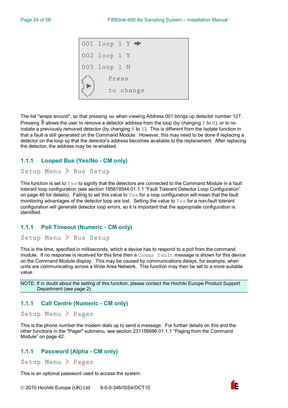 Setup menu > bus setup, Setup menu > pager | Hochiki FIRElink-400CM User Manual | Page 24 / 58