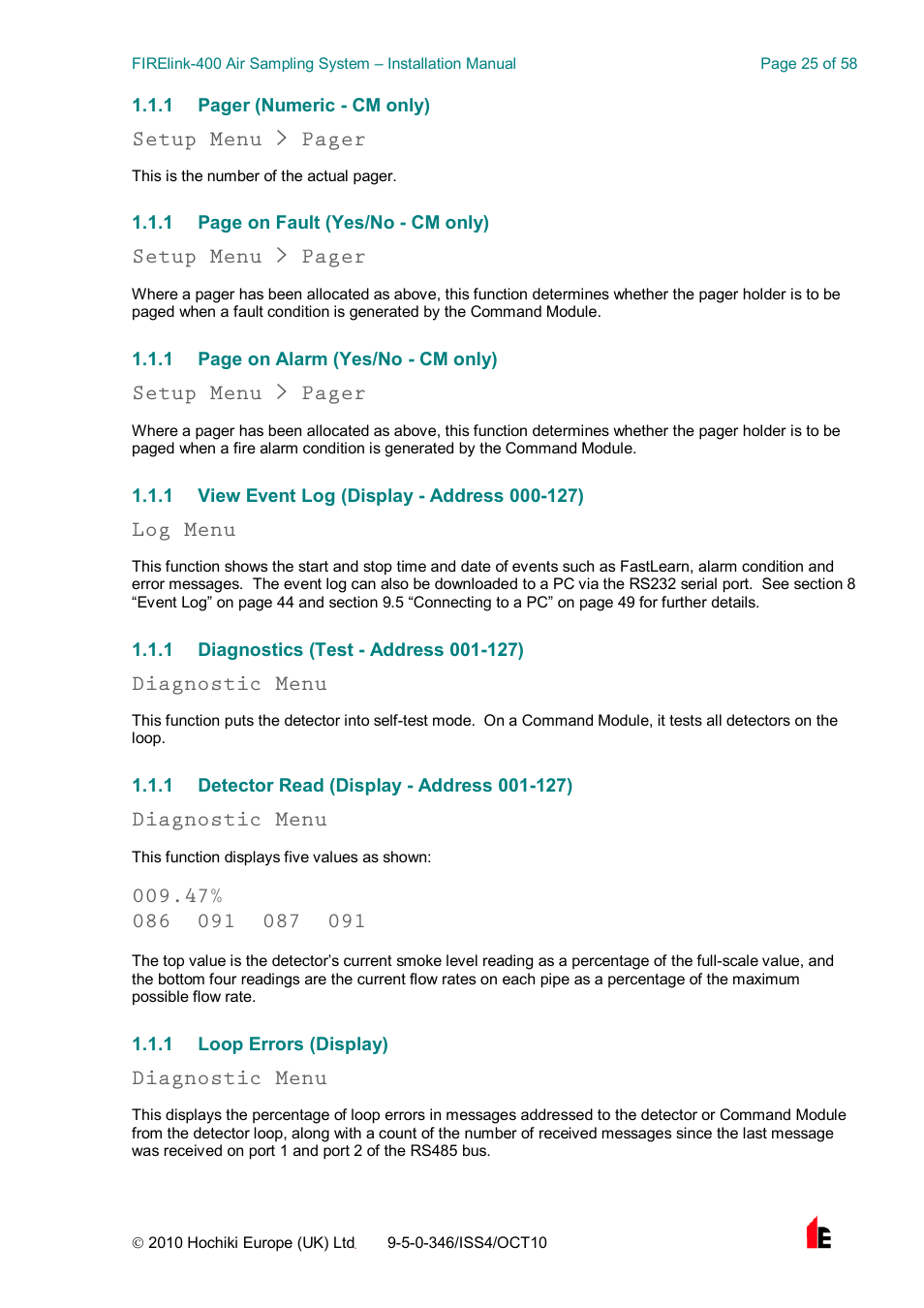 Setup menu > pager, Log menu, Diagnostic menu | Hochiki FIRElink-400CM User Manual | Page 25 / 58