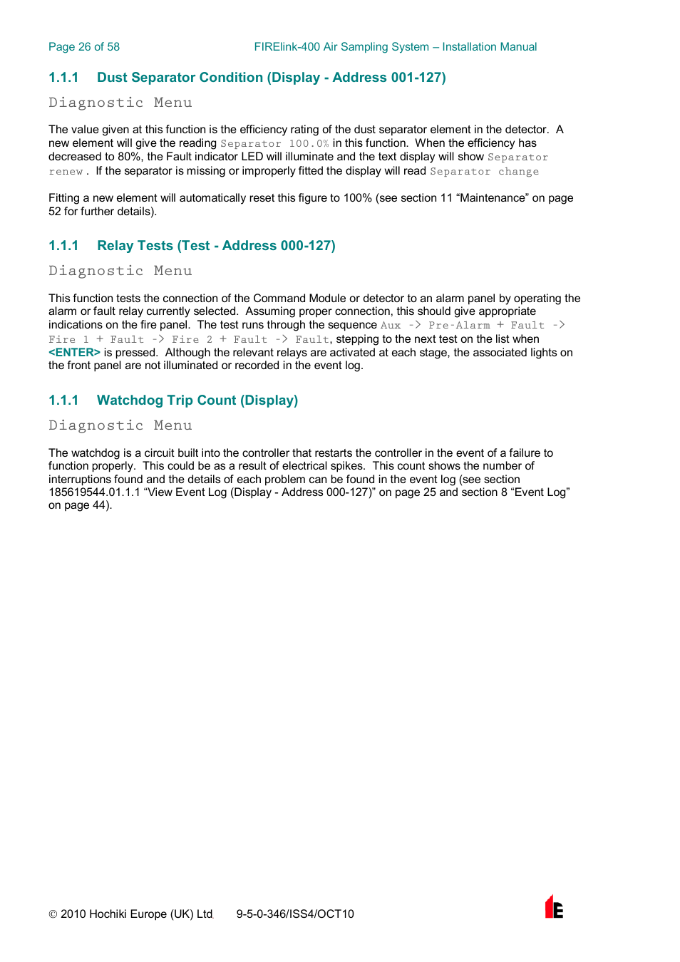 Diagnostic menu | Hochiki FIRElink-400CM User Manual | Page 26 / 58