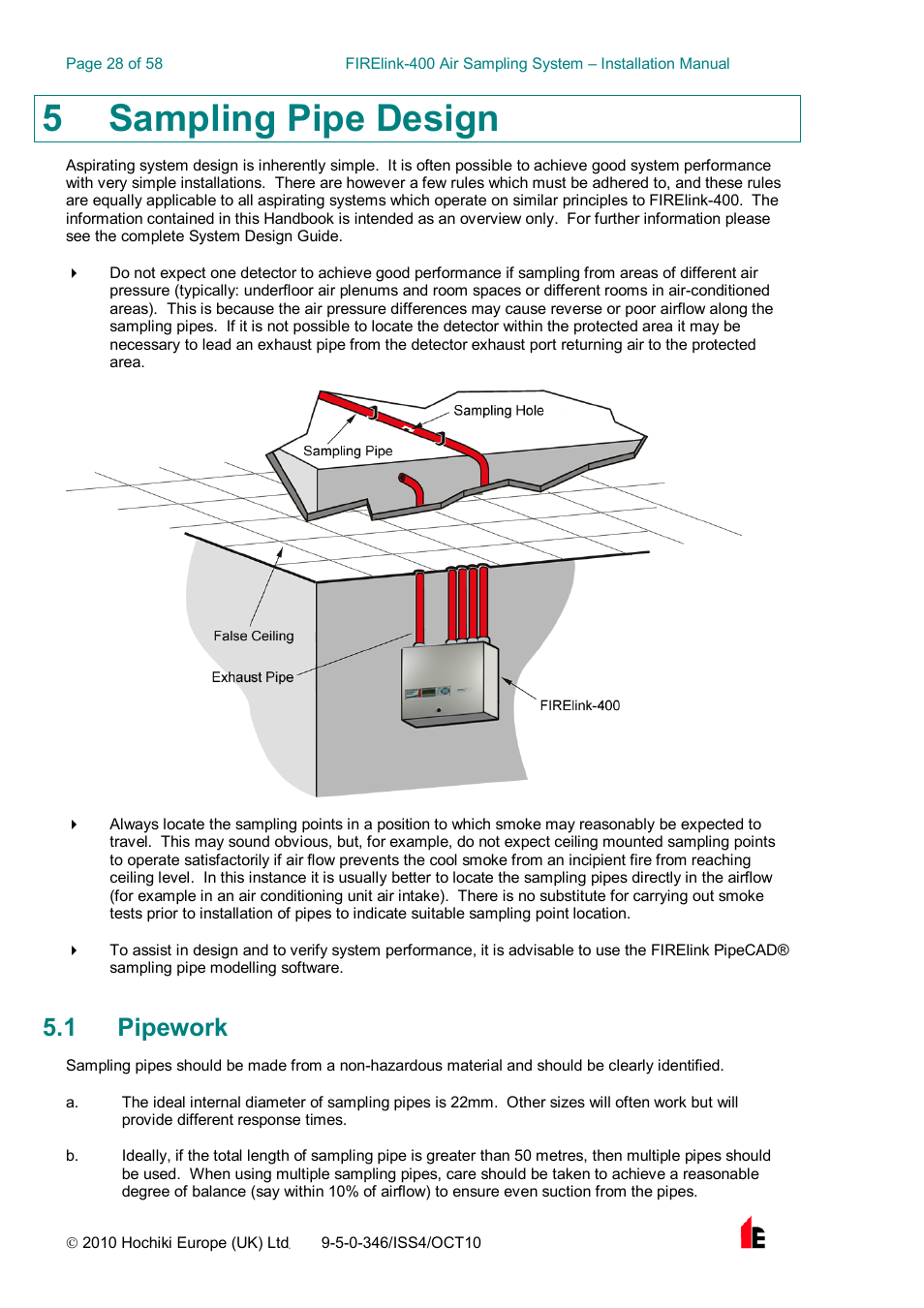 5 sampling pipe design, 1 pipework | Hochiki FIRElink-400CM User Manual | Page 28 / 58