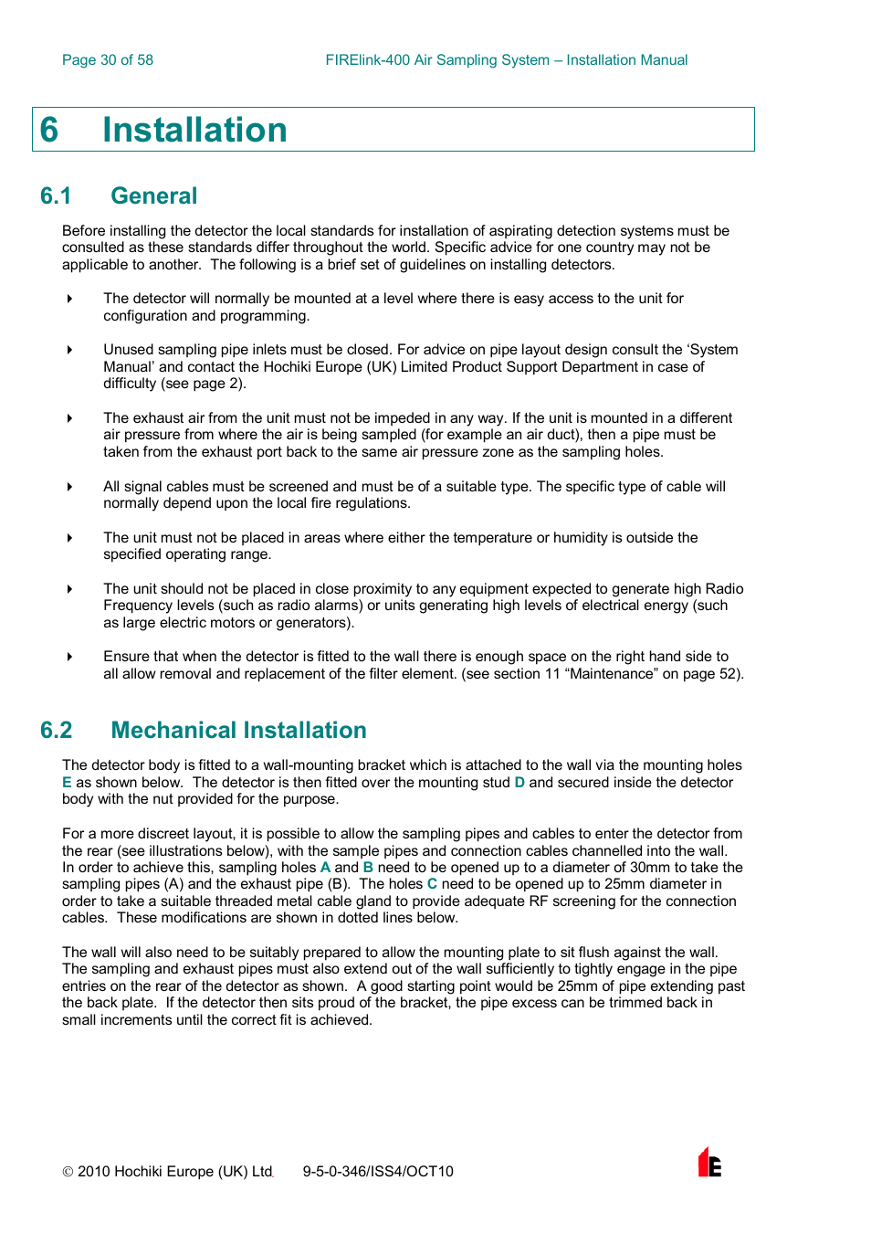 6 installation, 1 general, 2 mechanical installation | Hochiki FIRElink-400CM User Manual | Page 30 / 58