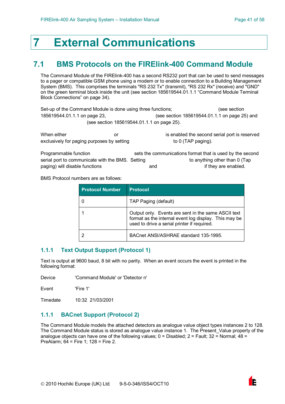7 external communications, 1 bms protocols on the firelink-400 command module | Hochiki FIRElink-400CM User Manual | Page 41 / 58