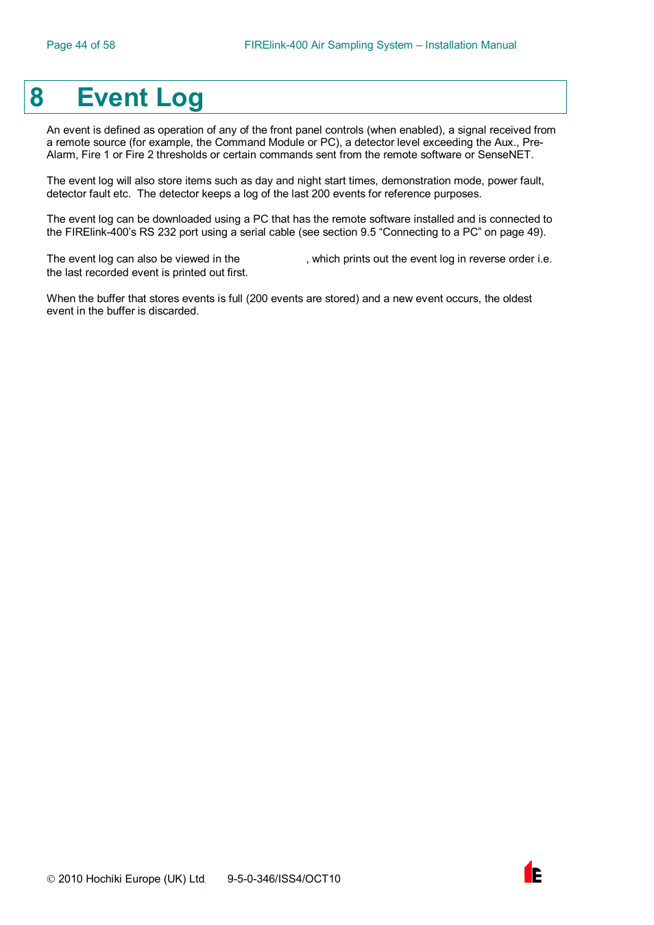 8 event log | Hochiki FIRElink-400CM User Manual | Page 44 / 58