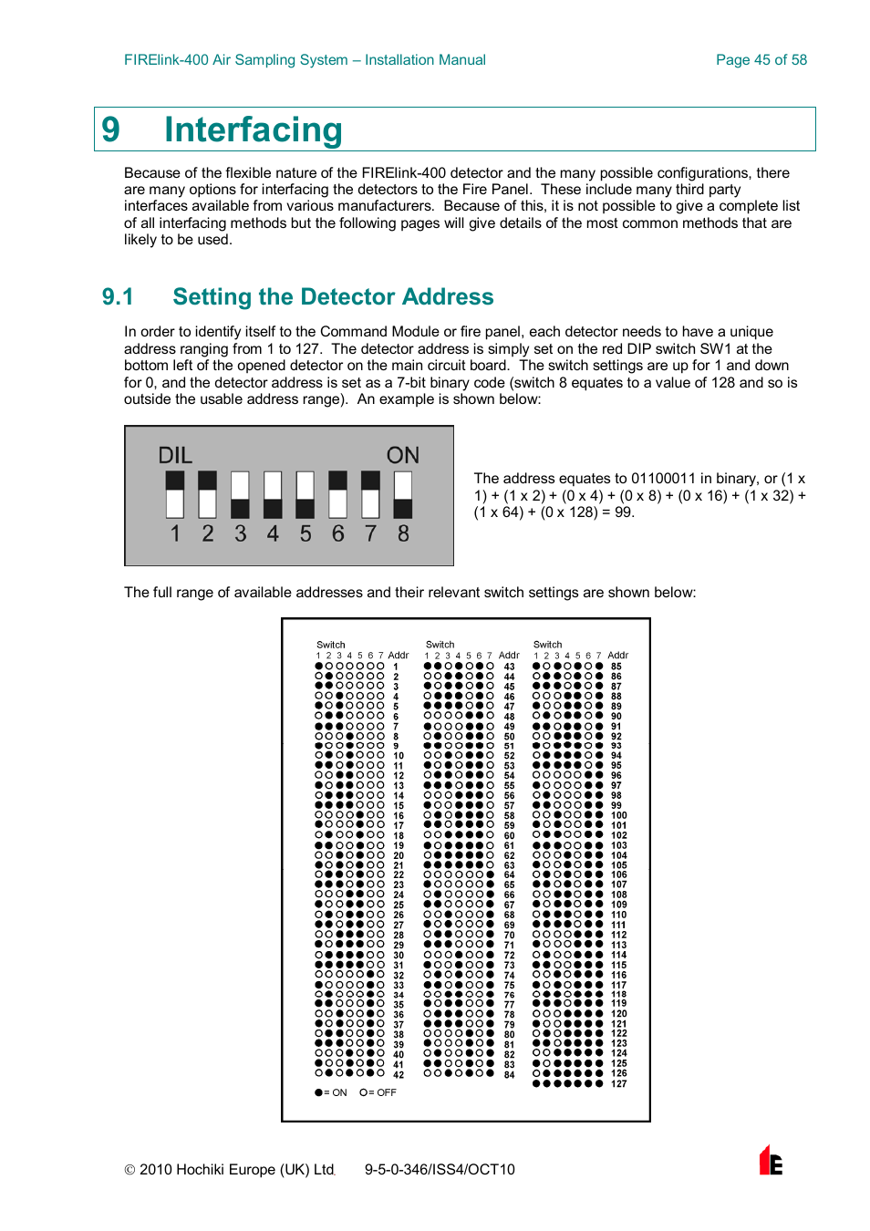 9 interfacing, 1 setting the detector address | Hochiki FIRElink-400CM User Manual | Page 45 / 58