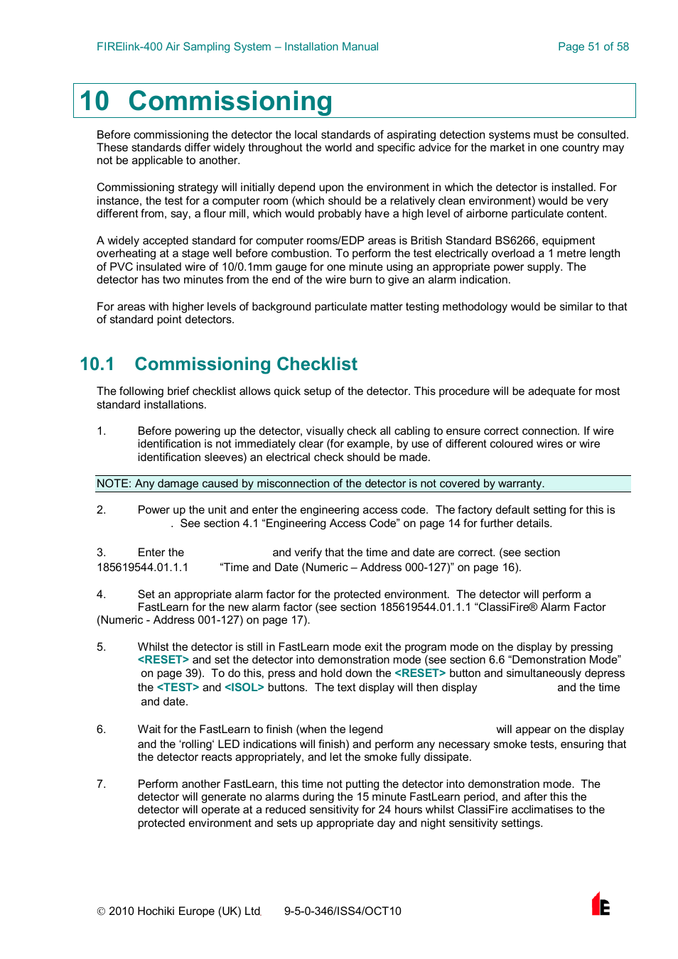 10 commissioning, 1 commissioning checklist | Hochiki FIRElink-400CM User Manual | Page 51 / 58