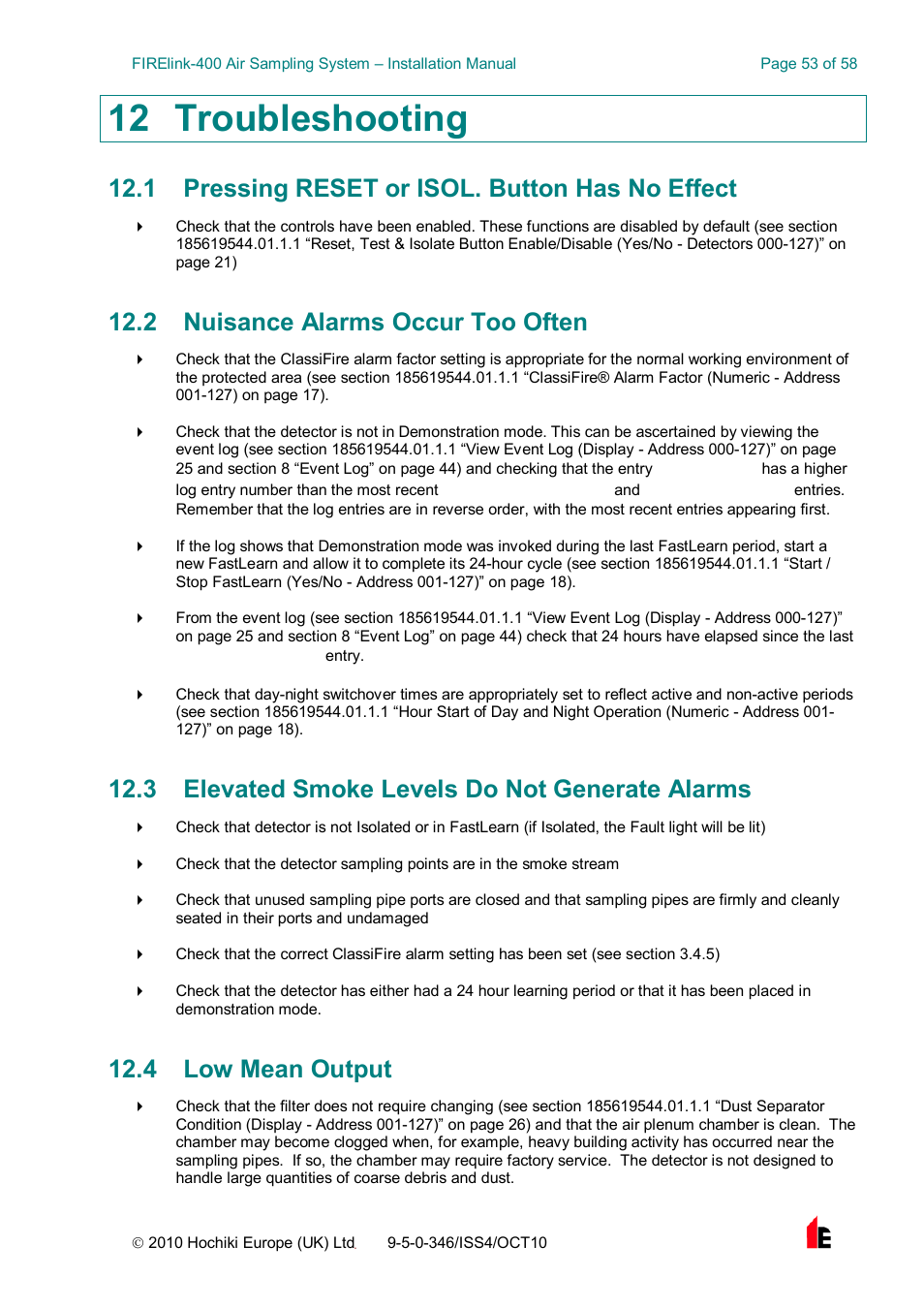 12 troubleshooting, 1 pressing reset or isol. button has no effect, 2 nuisance alarms occur too often | 3 elevated smoke levels do not generate alarms, 4 low mean output | Hochiki FIRElink-400CM User Manual | Page 53 / 58