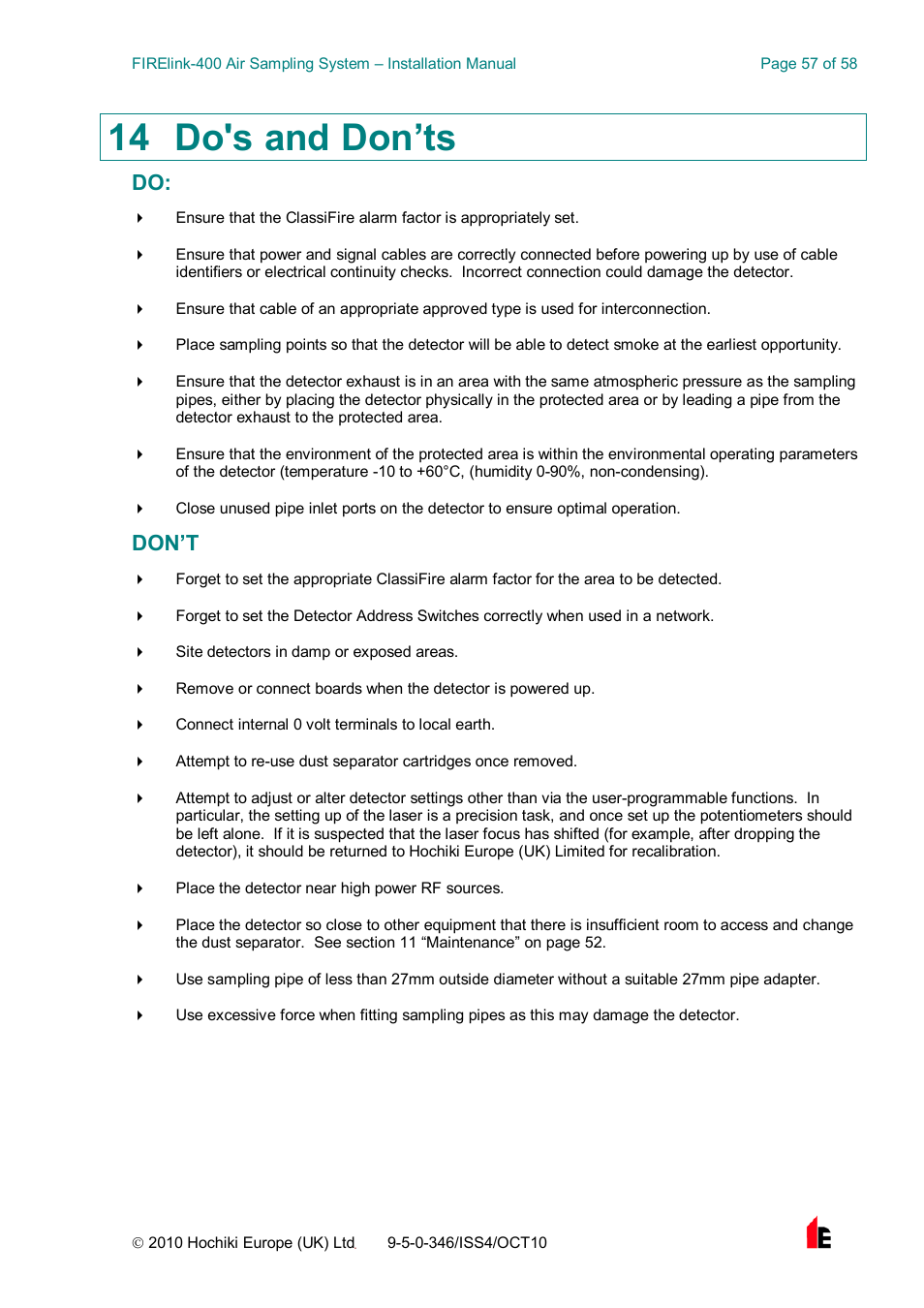 14 do's and don’ts, Don’t | Hochiki FIRElink-400CM User Manual | Page 57 / 58