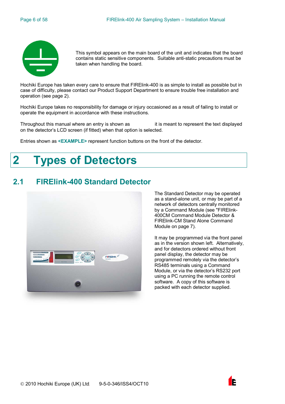 2 types of detectors, 1 firelink-400 standard detector | Hochiki FIRElink-400CM User Manual | Page 6 / 58