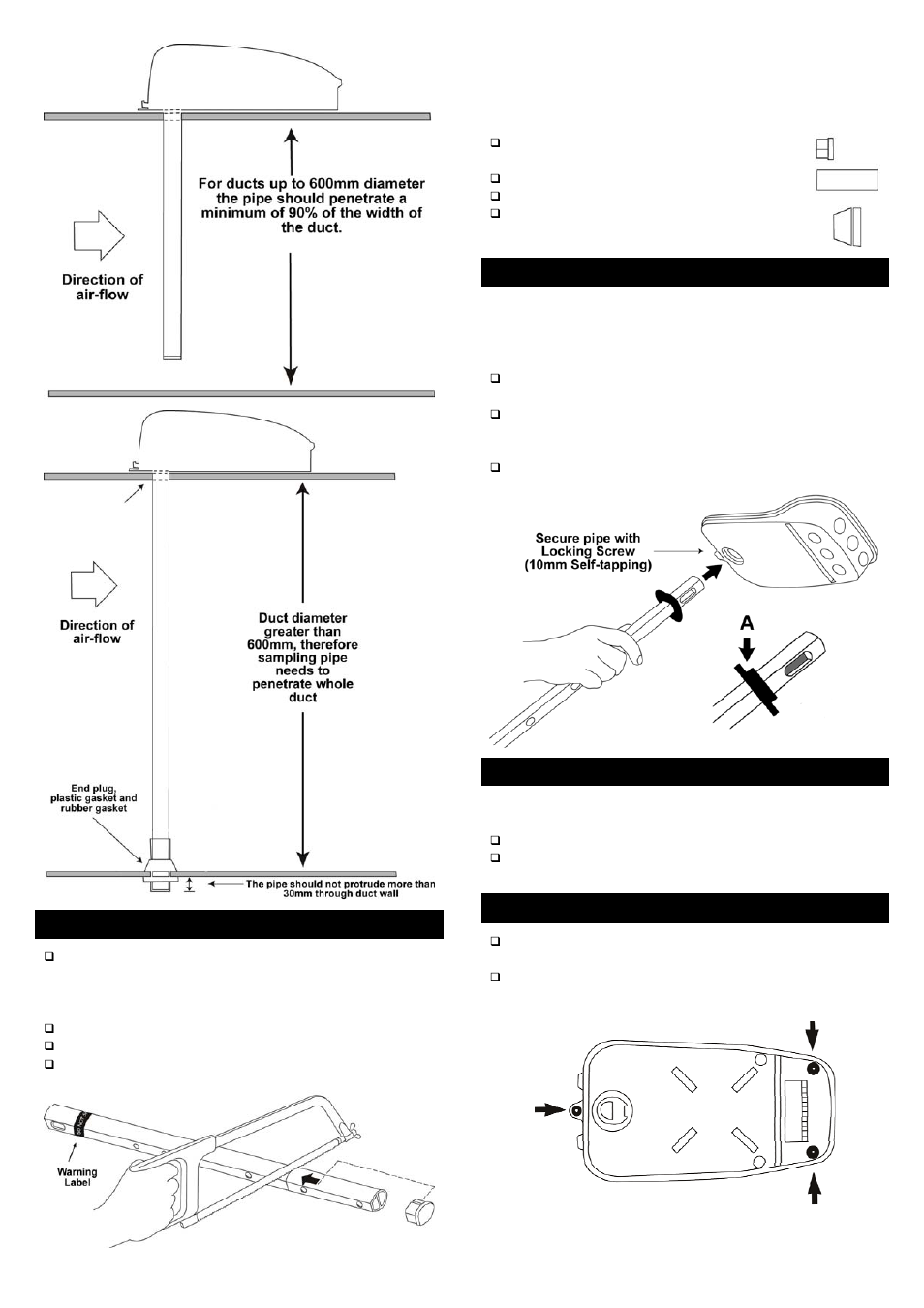 Step 2 - adjusting pipe length, Step 3 - fit sampling pipe to sdp-2, Step 4 - drill hole in duct | Step 5 - mounting the sdp-2 on the duct | Hochiki SDP-2 User Manual | Page 2 / 4