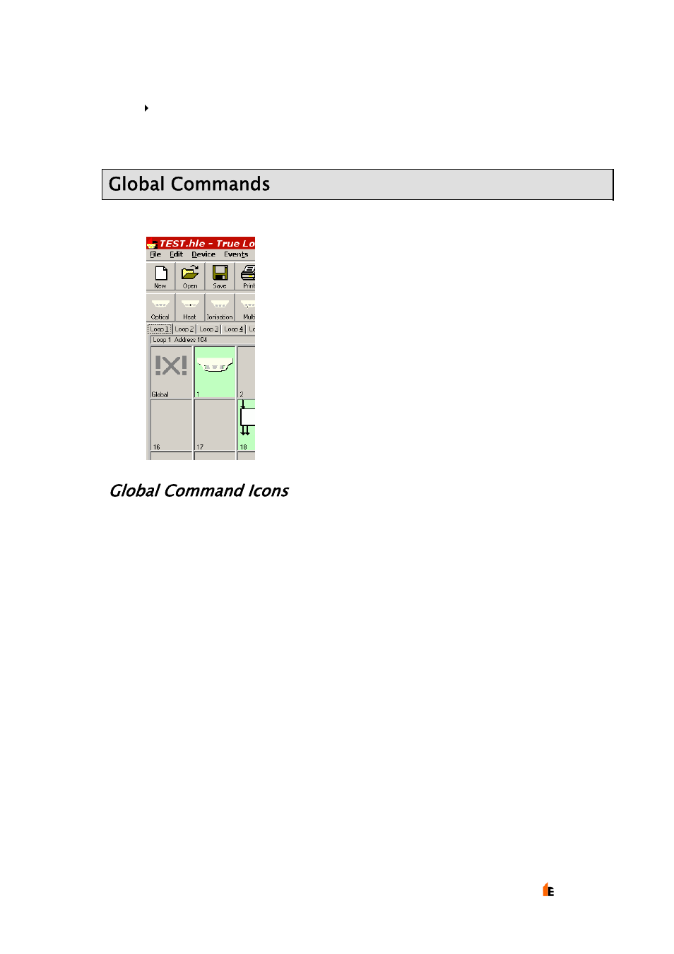 Global commands, Global command icons | Hochiki TE-TLE User Manual | Page 33 / 43