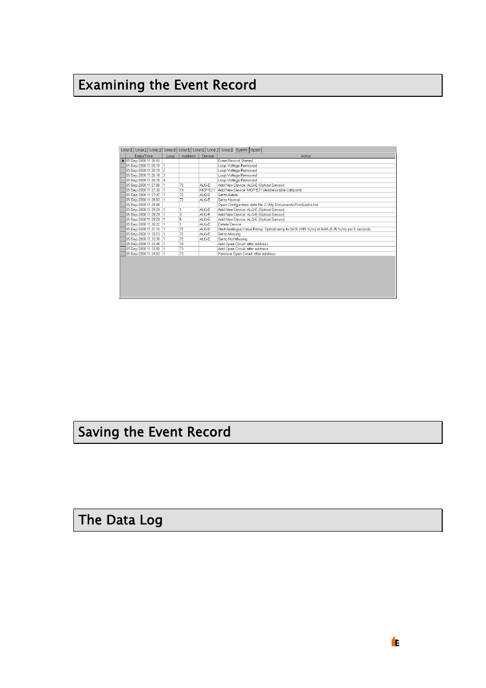 Examining the event record, Saving the event record, The data log | Hochiki TE-TLE User Manual | Page 37 / 43