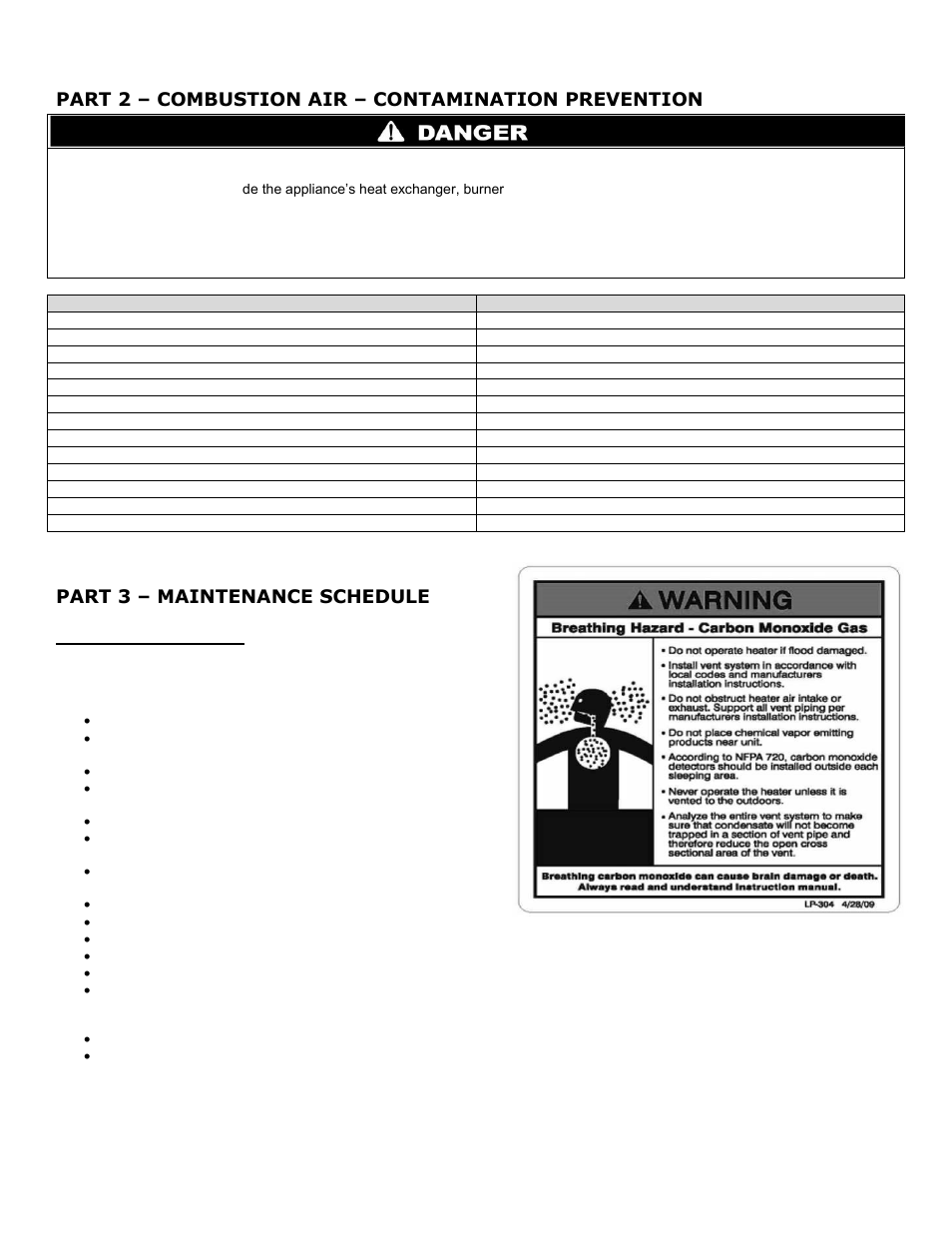 Part 2, Combustion air – contamination prevention, Part 3 | Maintenance schedule, A. service technician, Part 2 – combustion air – contamination prevention, Part 3 – maintenance schedule | HTP MC120 User Manual | Page 5 / 8