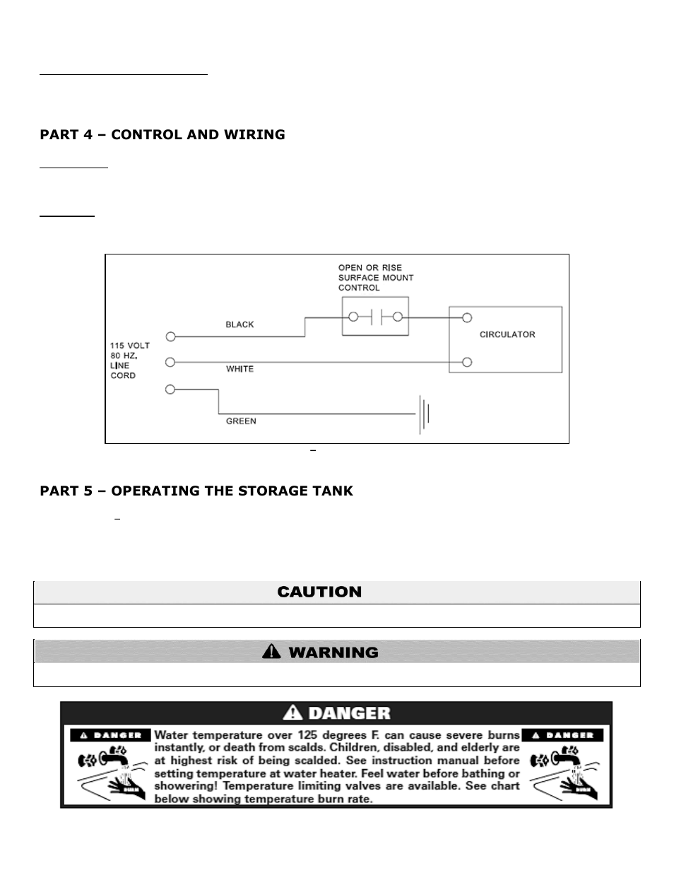 E. potable expansion tank, Part 4, Control and wiring | A. control, B. wiring, Part 5, Operating the storage tank, Part 4 – control and wiring, Part 5 – operating the storage tank | HTP SSU-119CB User Manual | Page 9 / 12