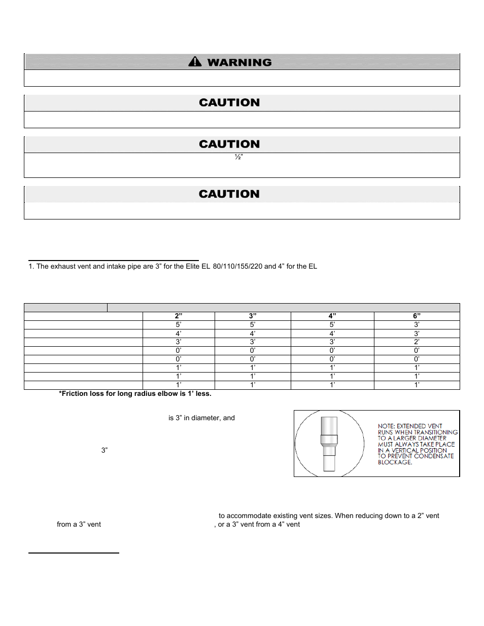 E. exhaust vent and intake pipe sizing, F. longer vent runs | HTP EL-399 User Manual | Page 32 / 84