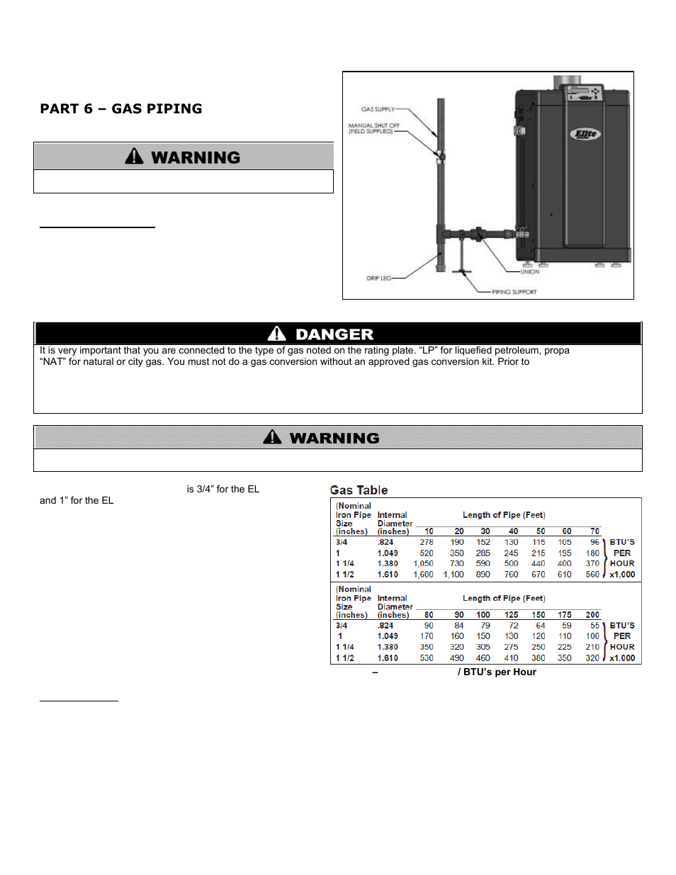 Part 6, Gas piping, A. gas connection | B. gas piping, Part 6 – gas piping | HTP EL-399 User Manual | Page 42 / 84