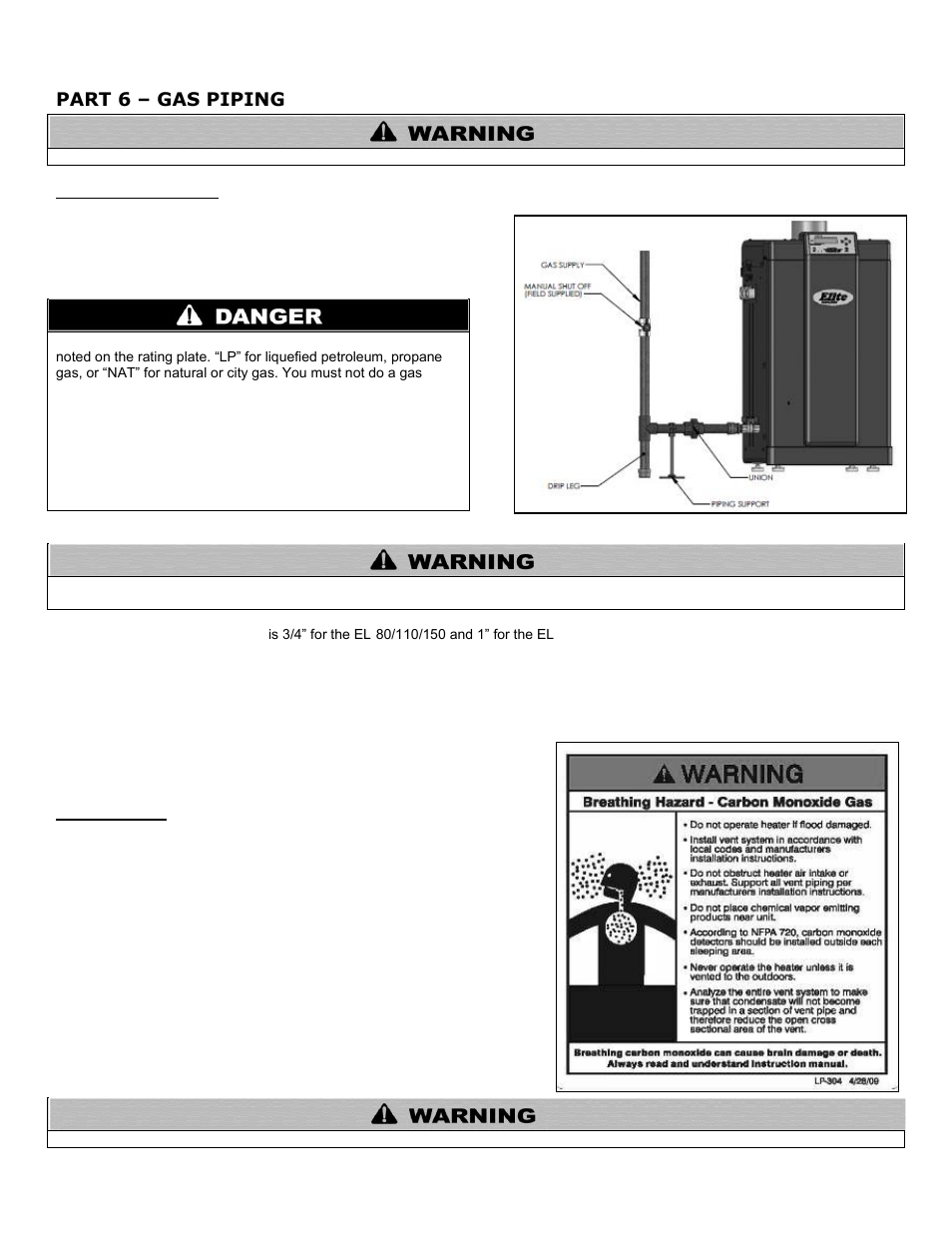 Part 6, Gas piping, A. gas connection | B. gas piping, Part 6 – gas piping | HTP EL-399NVWH User Manual | Page 42 / 81