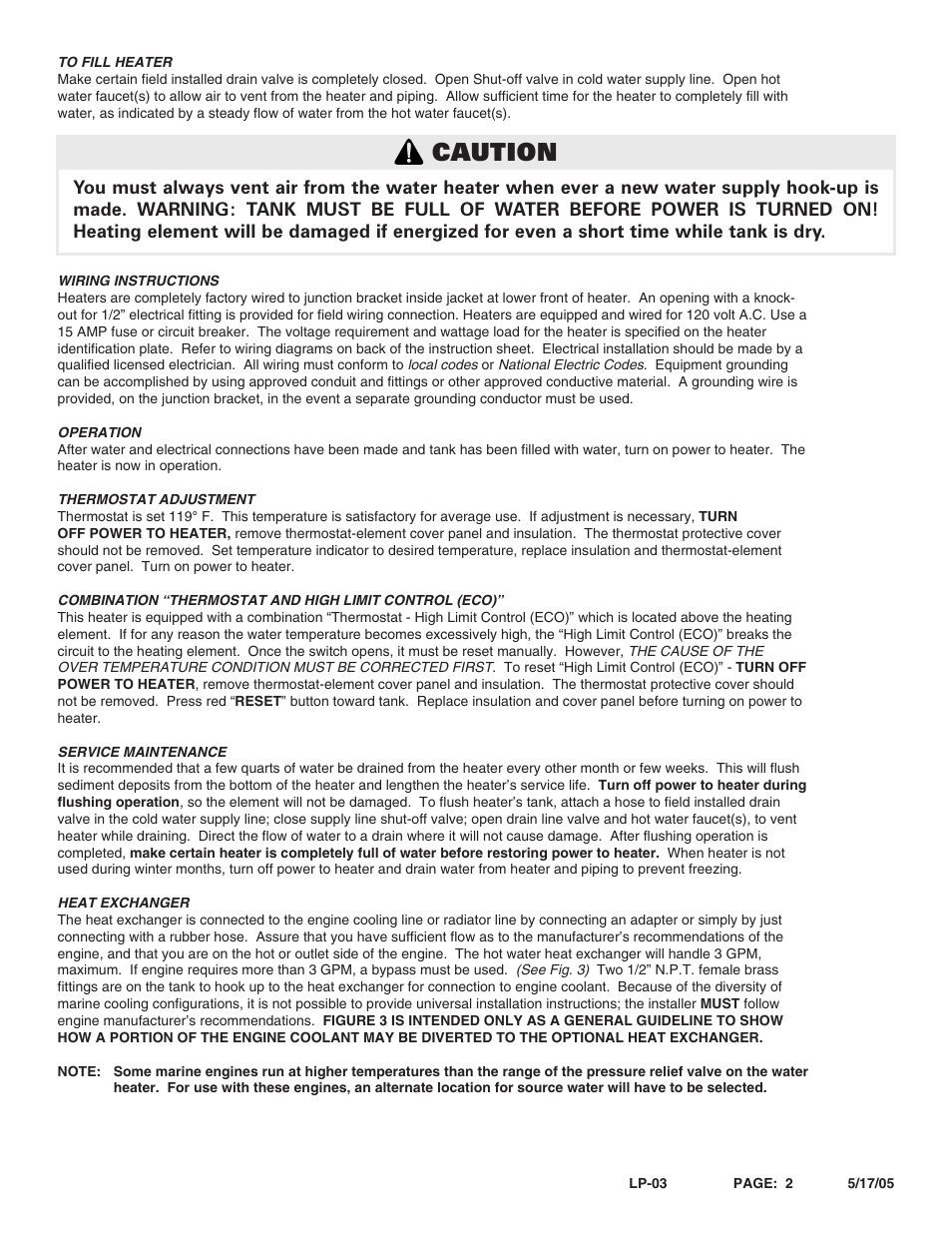 Caution | HTP Marine Water Heater User Manual | Page 2 / 4