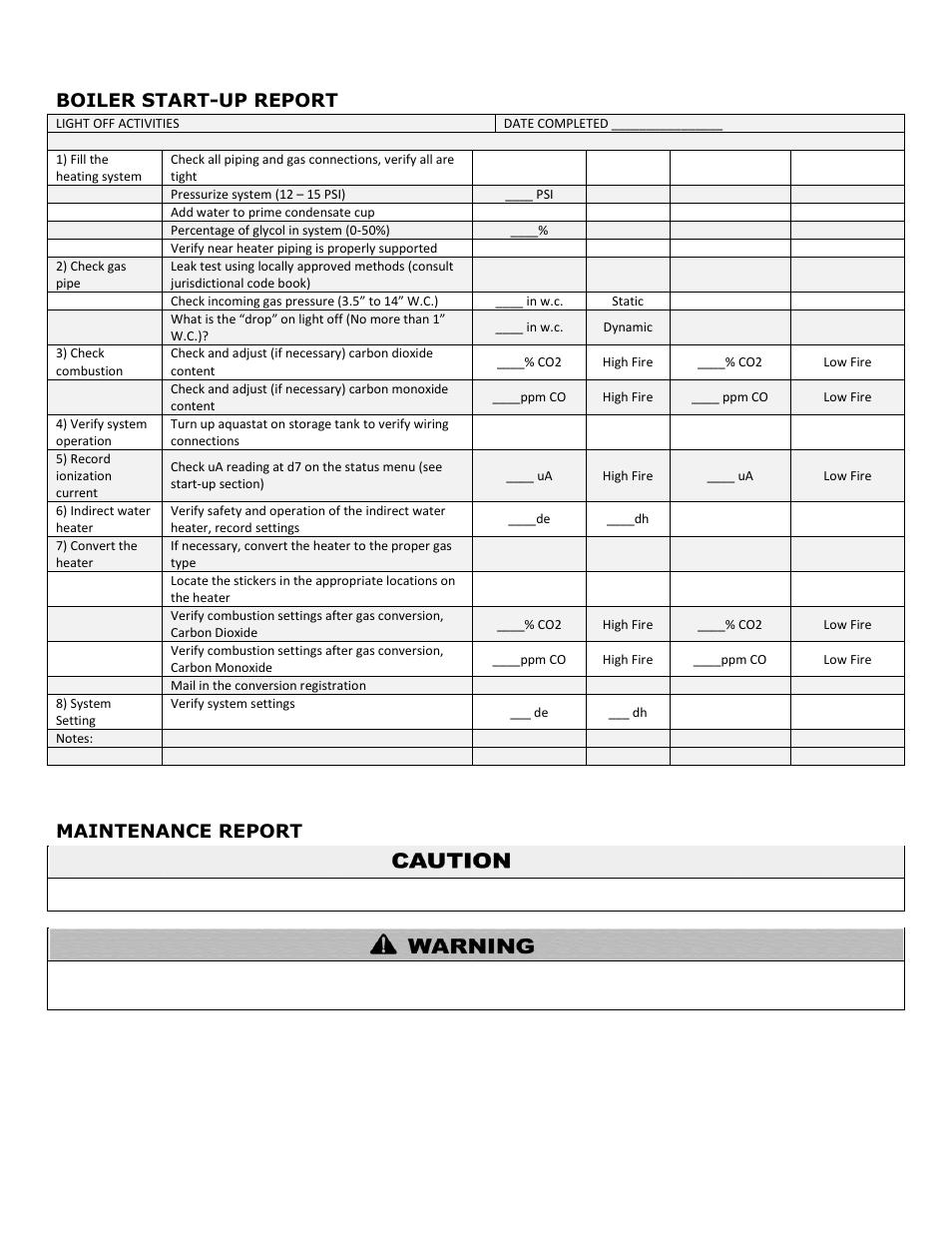 Boiler start-up report, Maintenance report | HTP 850 LPHL User Manual | Page 67 / 72