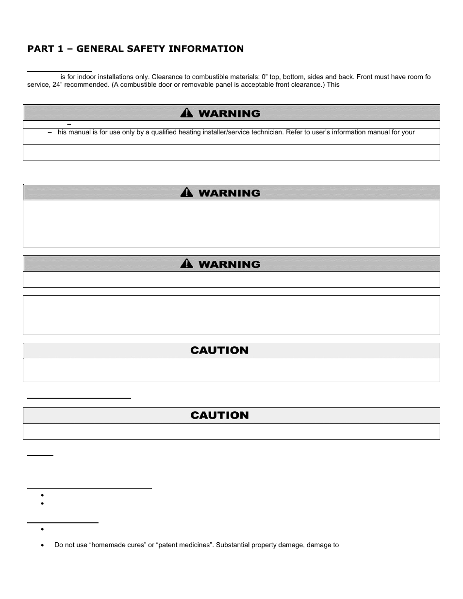 Part 1, General safety information, A. precautions | B. improper combustion, C. gas, D. when servicing the boiler, E. boiler system, Part 1 – general safety information | HTP 399M User Manual | Page 7 / 81