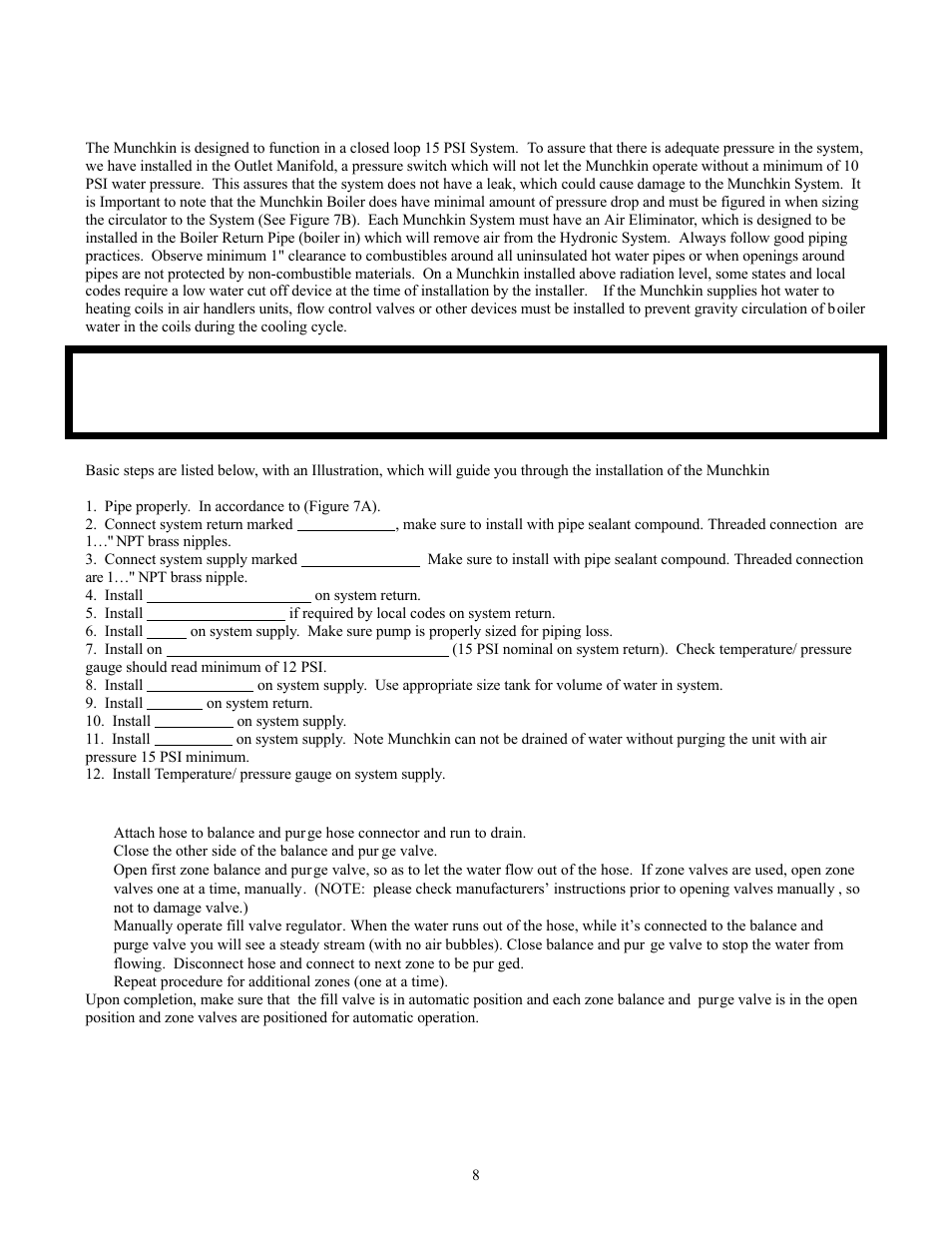 Caution, Part 5 5-a. hydronic heat piping, B. fill and purge heating system | HTP Munchkin High Efficiency Heater User Manual | Page 10 / 18
