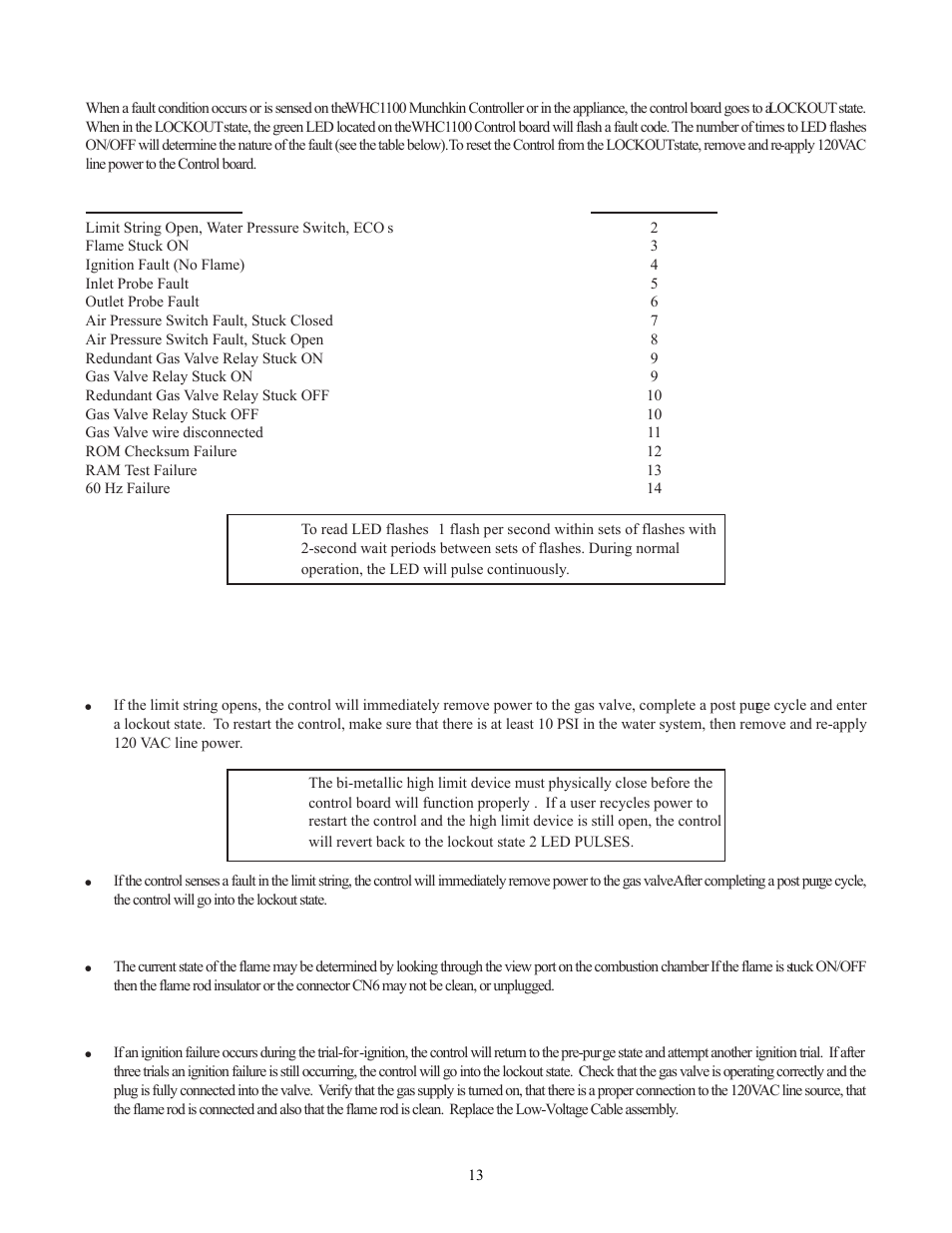 C munchkin boiler fault led code, D fault conditions | HTP Munchkin High Efficiency Heater User Manual | Page 15 / 18