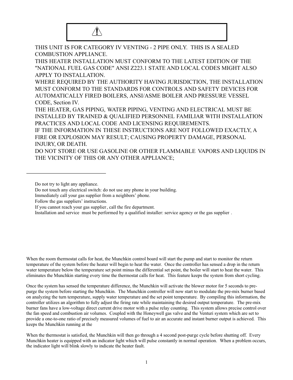 Warnings cautions, Part 1 general information | HTP Munchkin High Efficiency Heater User Manual | Page 3 / 18