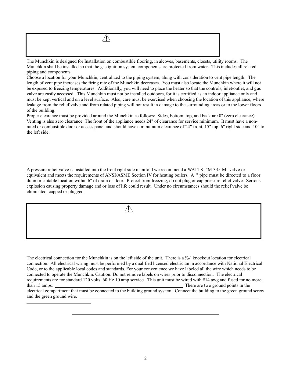B. location, C. pressure relief valve, Part 2 2-a. electrical connection | Warning | HTP Munchkin High Efficiency Heater User Manual | Page 4 / 18