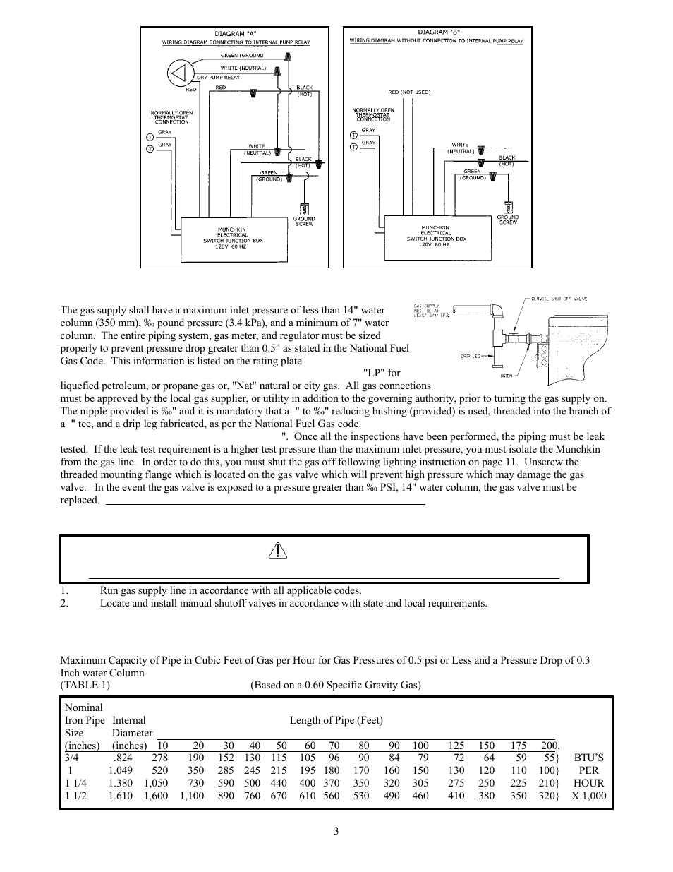 Part 3 3-a. gas connection, B. gas piping, C. gas table | HTP Munchkin High Efficiency Heater User Manual | Page 5 / 18