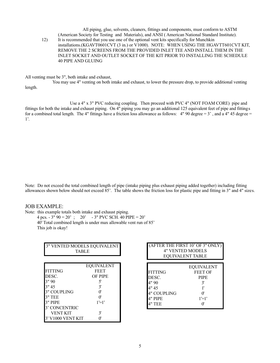 B. for longer vent lengths, C. venting table, Friction loss equivalence table | HTP Munchkin High Efficiency Heater User Manual | Page 7 / 18