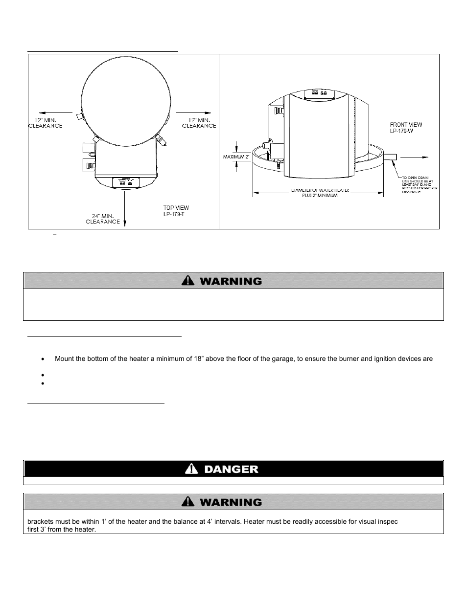 C. clearances for service access, D. residential garage installation, E. exhaust vent and intake pipe | HTP 199-55SA User Manual | Page 10 / 56