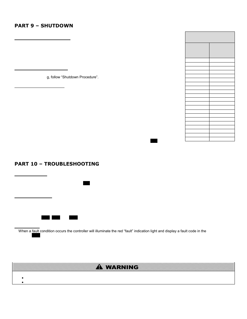 Part 9, Shutdown, A. shutdown procedure | B. vacation procedure, C. failure to operate, Part 10, Troubleshooting, A. error code, B. heater error, C. lockout | HTP 199-55SA User Manual | Page 47 / 56