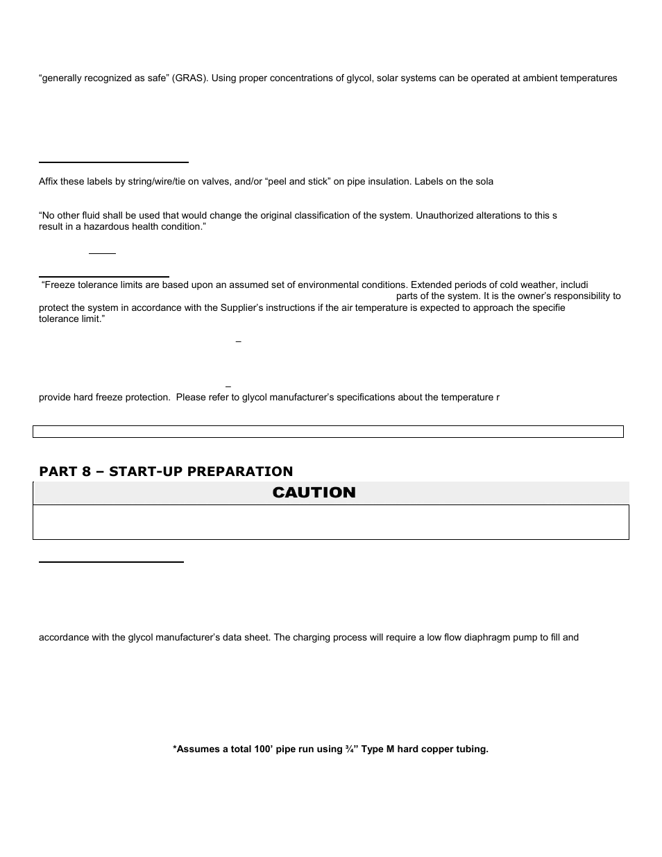 B. fluid safety labeling, C. freeze protection, Part 8 | Start-up preparation, A. charging the system, Part 8 – start-up preparation | HTP PHE199-119S User Manual | Page 23 / 33