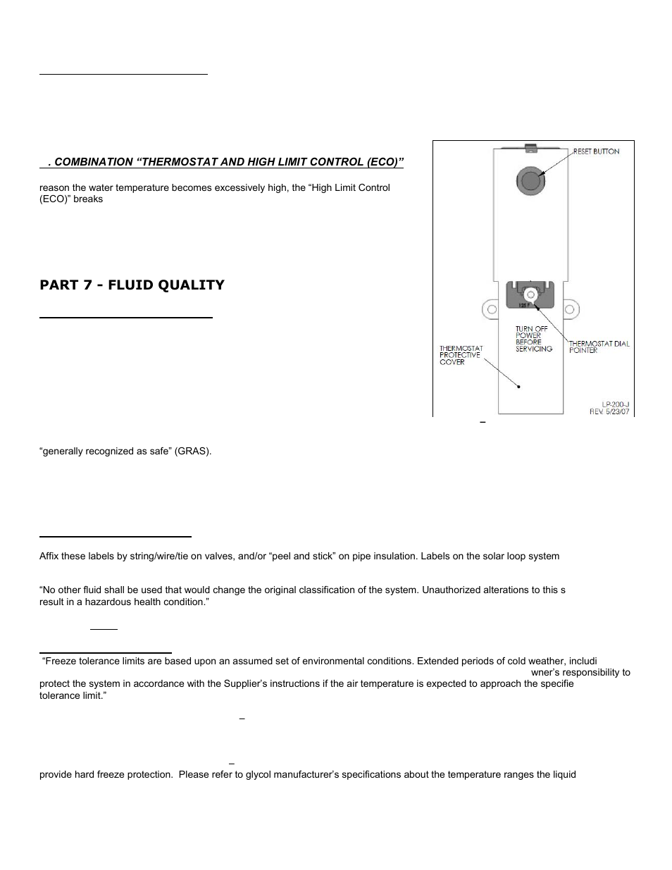 N. thermostat adjustment, Part 7 - fluid quality, A. solar loop fluid quality | B. fluid safety labeling, C. freeze protection | HTP SSC-119SE User Manual | Page 26 / 39