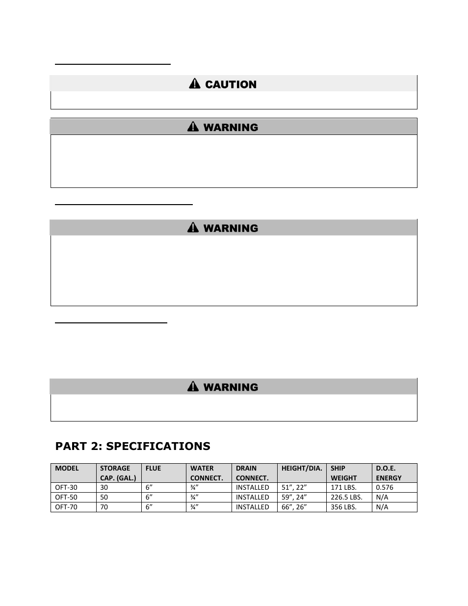 C. improper combustion, D. extended non-use periods, E. insulation blankets | Part 2: specifications, Part 3: locating the heater | HTP Oil-Fired Water Heater User Manual | Page 6 / 18