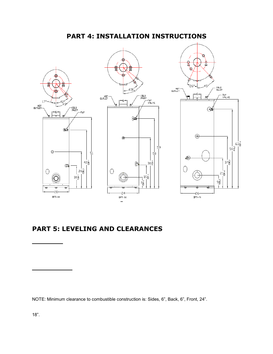 Part 5: leveling and clearances, A. leveling, B. clearances | Part 6: air requirements, Part 4: installation instructions | HTP Oil-Fired Water Heater User Manual | Page 8 / 18
