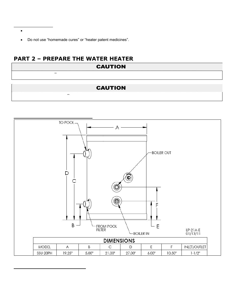 C. heater water, Part 2, Prepare the water heater | A. dimensions and specifications, B. locating the water heater, Part 2 – prepare the water heater | HTP SSU-20PH User Manual | Page 4 / 9