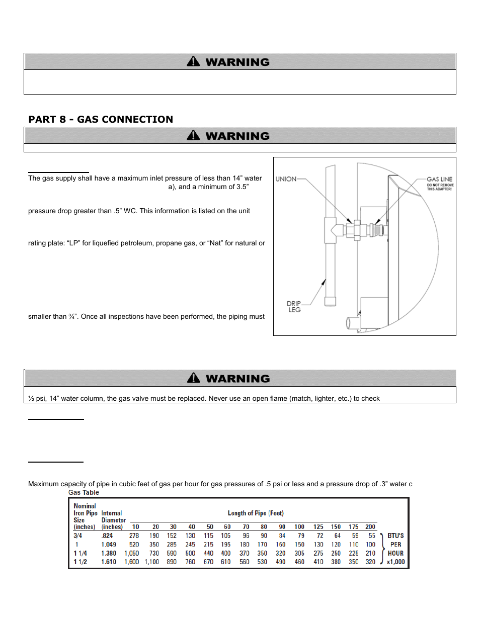 Part 8 - gas connection, A. gas supply, B. gas piping | C. gas table | HTP PHE199-119 User Manual | Page 47 / 70