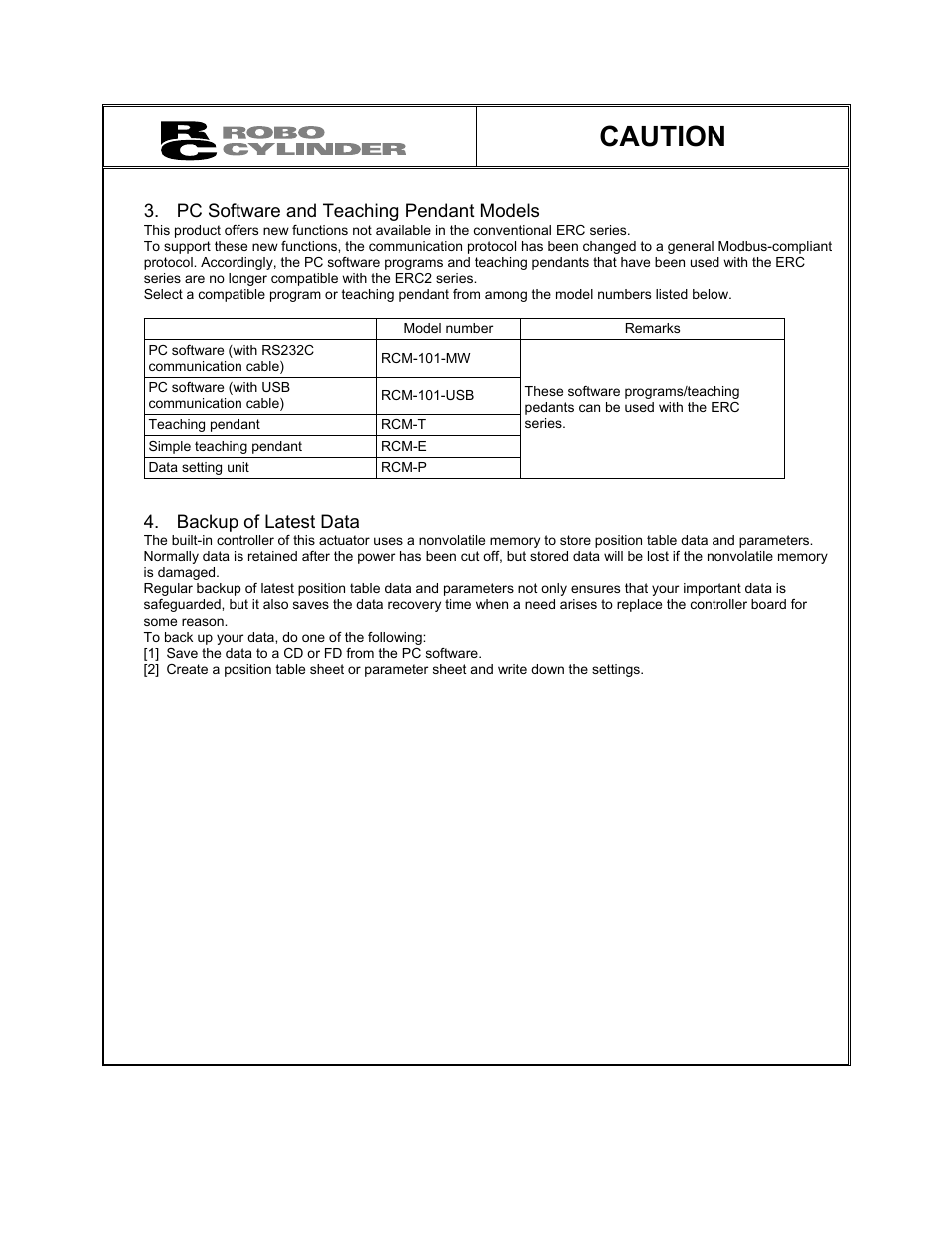 Pc software and teaching pendant models, Backup of latest data, Caution | IAI America ERC2 User Manual | Page 6 / 188