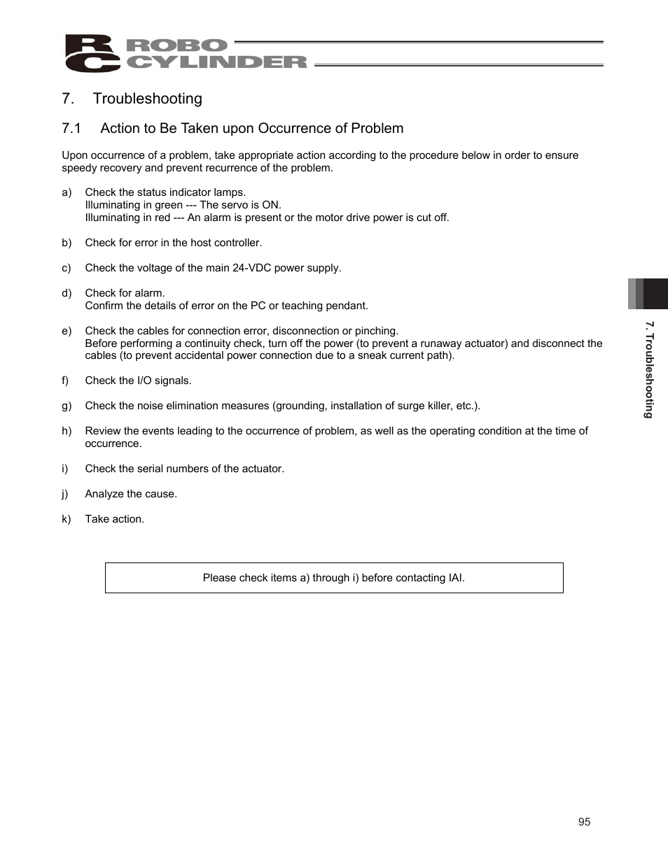 Troubleshooting, 1 action to be taken upon occurrence of problem | IAI America ERC2 User Manual | Page 105 / 138