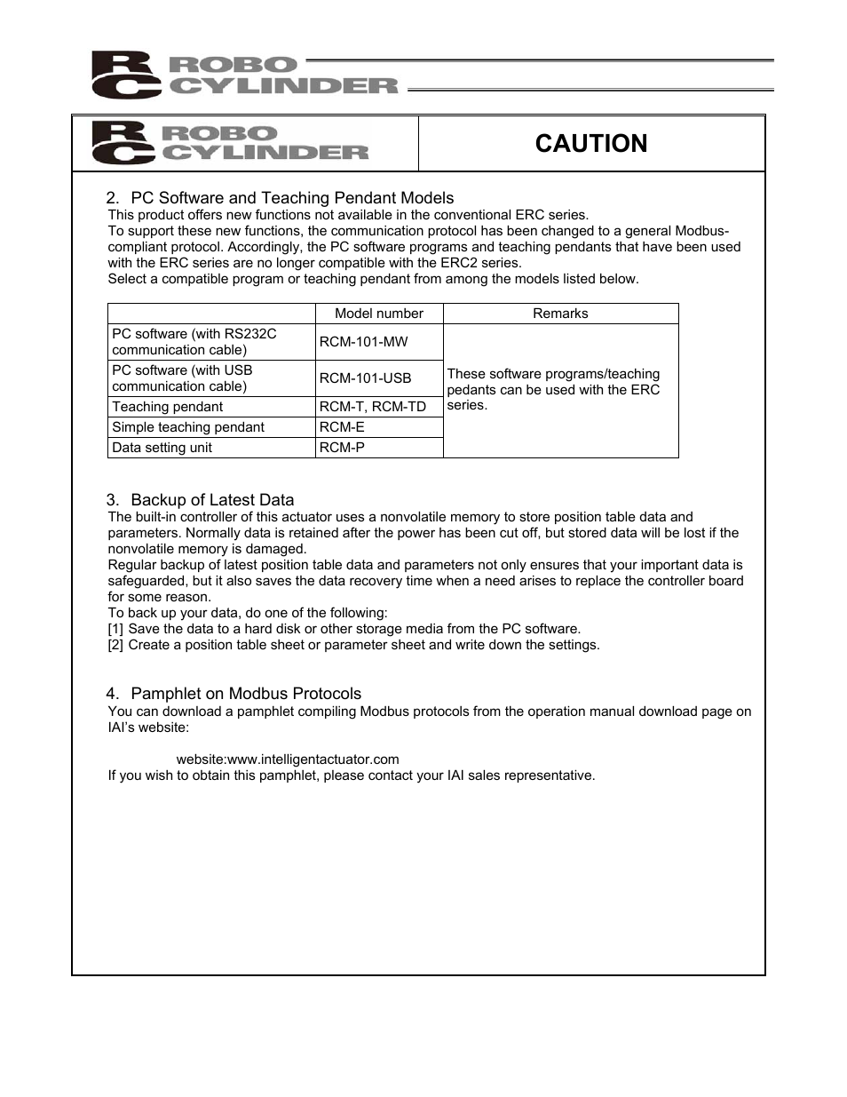 Pc software and teaching pendant models, Backup of latest data, Pamphlet on modbus protocols | Caution | IAI America ERC2 User Manual | Page 5 / 138