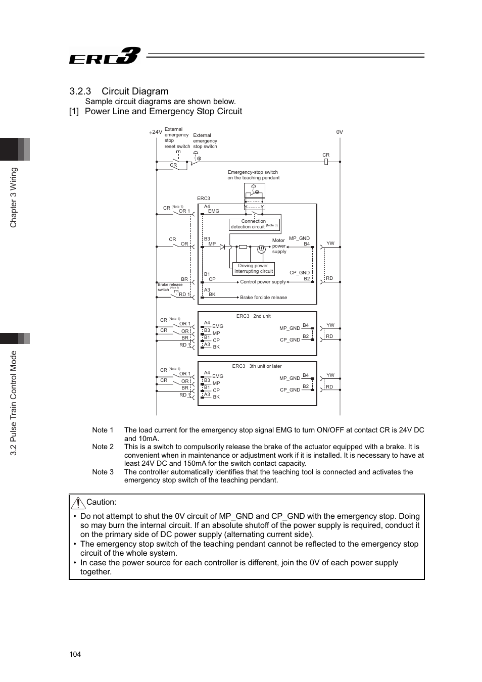 3 circuit diagram, 1] power line and emergency stop circuit, Chapter 3 wiring 3.2 pulse train control mode | Sample circuit diagrams are shown below | IAI America ERC3 User Manual | Page 114 / 438