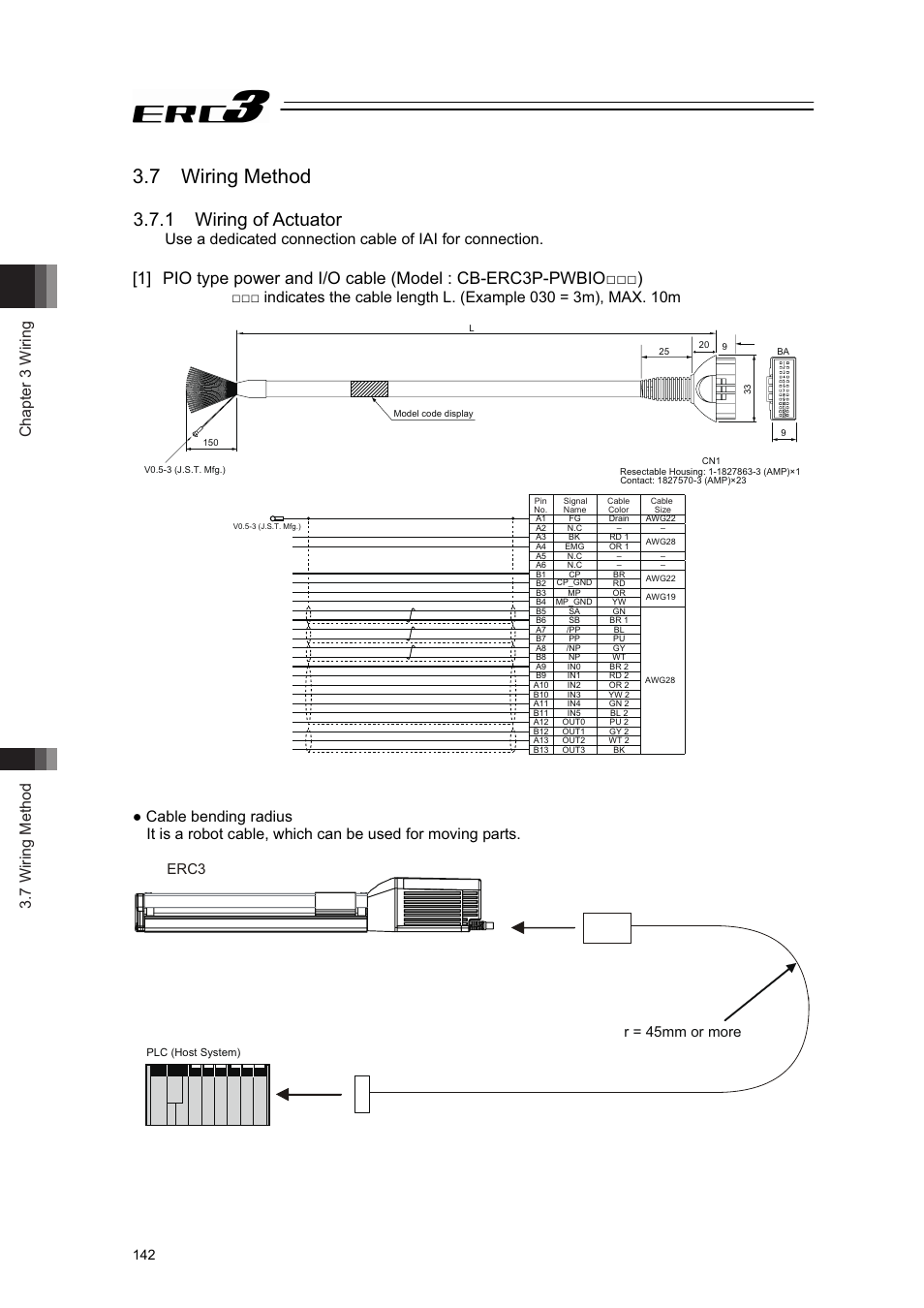 7 wiring method, 1 wiring of actuator, Chapter 3 wiring 3.7 wiring method | Erc3 r = 45mm or more | IAI America ERC3 User Manual | Page 152 / 438