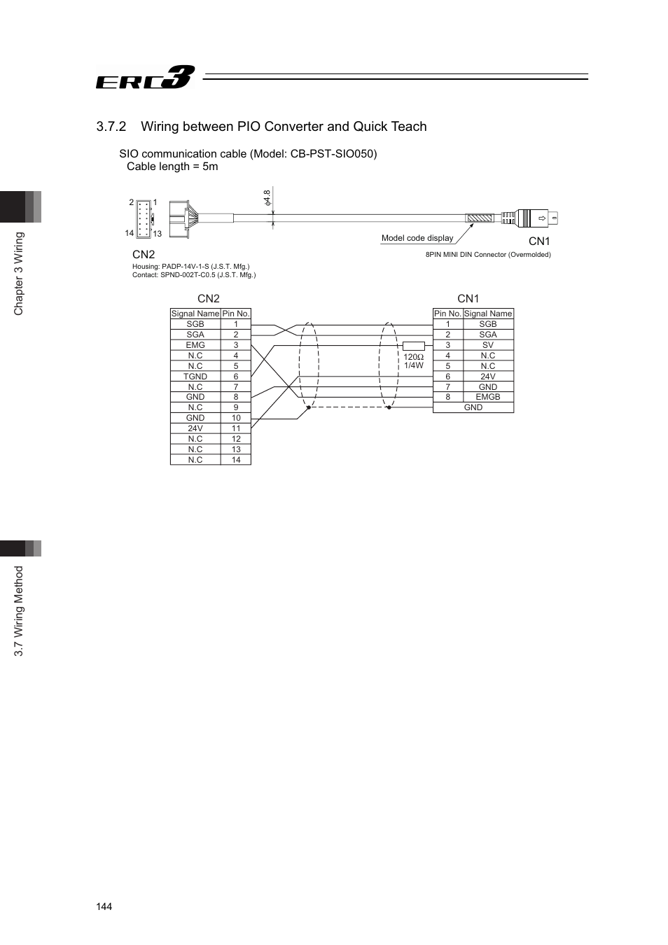 2 wiring between pio converter and quick teach, Chapter 3 wiring 3.7 wiring method | IAI America ERC3 User Manual | Page 154 / 438