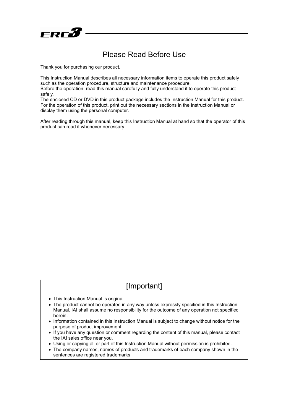 Please read before use, Important | IAI America ERC3 User Manual | Page 3 / 438
