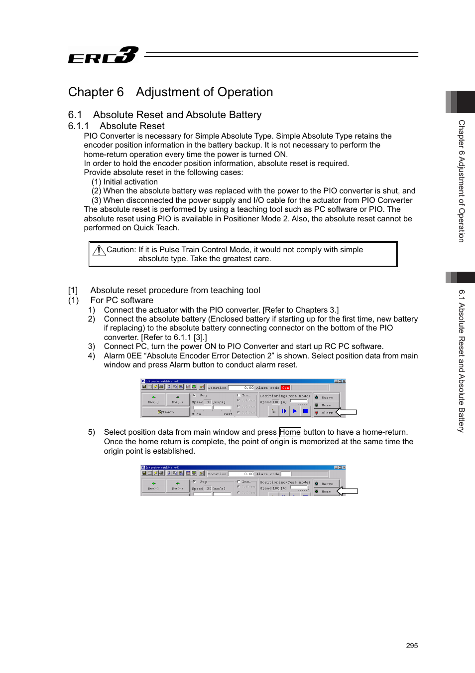 Chapter 6 adjustment of operation, 1 absolute reset and absolute battery, 1 absolute reset | 1] absolute reset procedure from teaching tool | IAI America ERC3 User Manual | Page 305 / 438