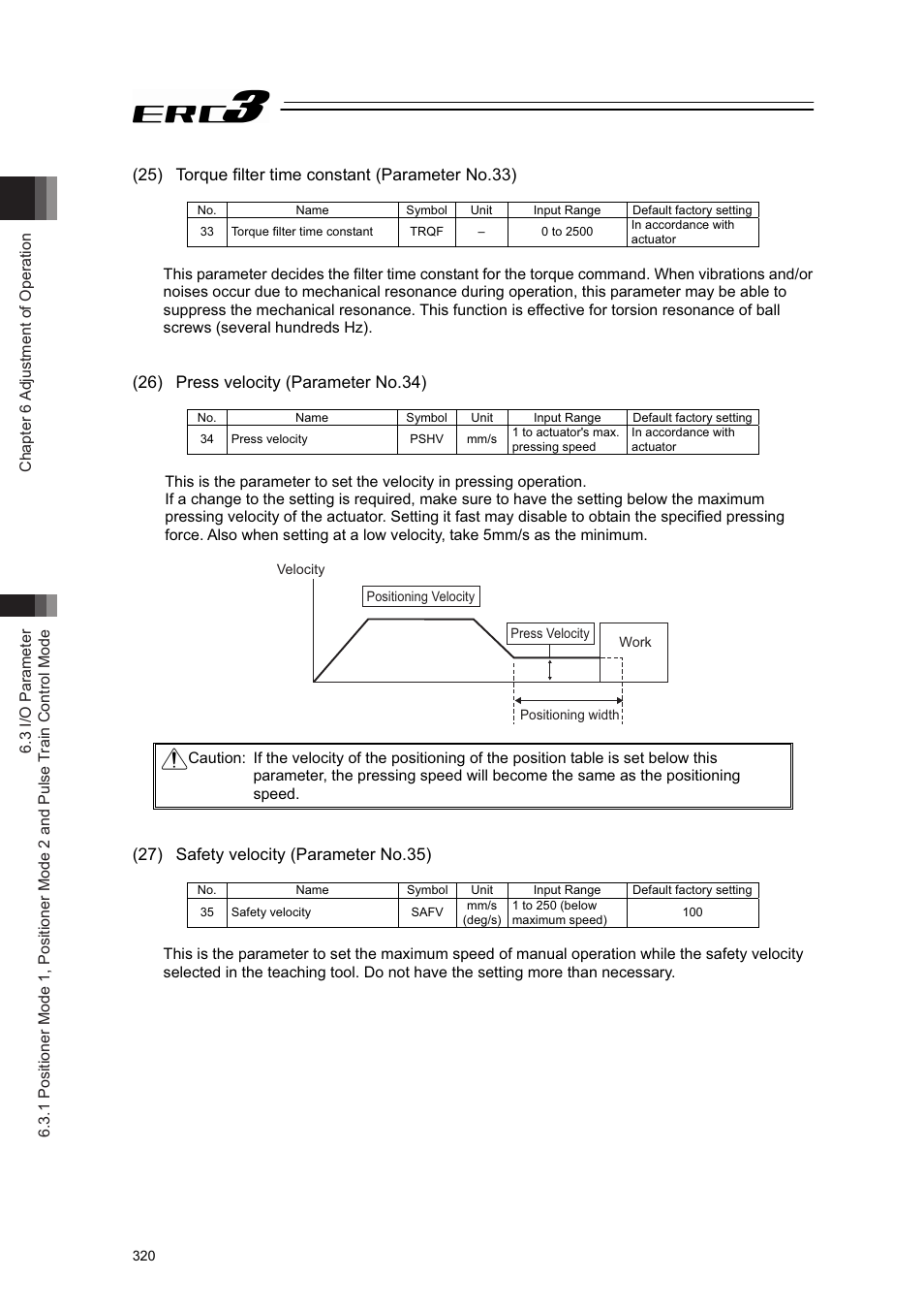 25) torque filter time constant (parameter no.33), 26) press velocity (parameter no.34), 27) safety velocity (parameter no.35) | IAI America ERC3 User Manual | Page 330 / 438