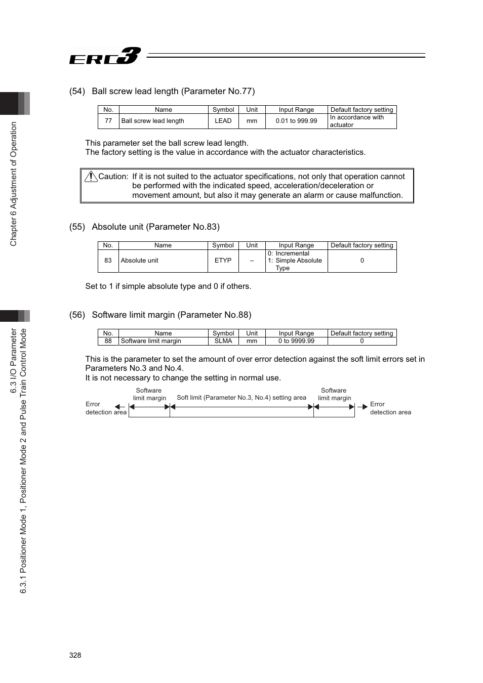 54) ball screw lead length (parameter no.77), 55) absolute unit (parameter no.83), 56) software limit margin (parameter no.88) | IAI America ERC3 User Manual | Page 338 / 438